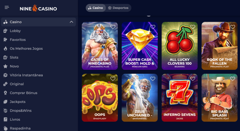 Lobby de jogos do Nine Casino – categorias